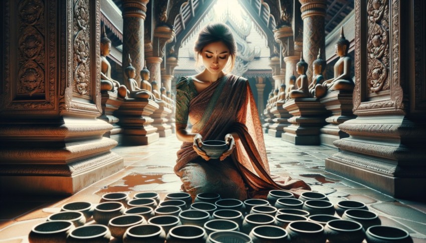 Buddhists performing religious rituals inside a temple.