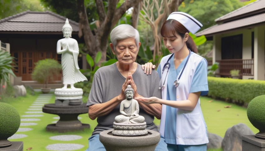 Buddhists performing religious rituals inside a temple.