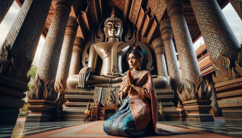 Buddhists performing religious rituals inside a temple.