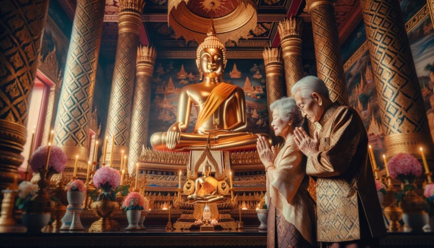 Buddhists performing religious rituals inside a temple.