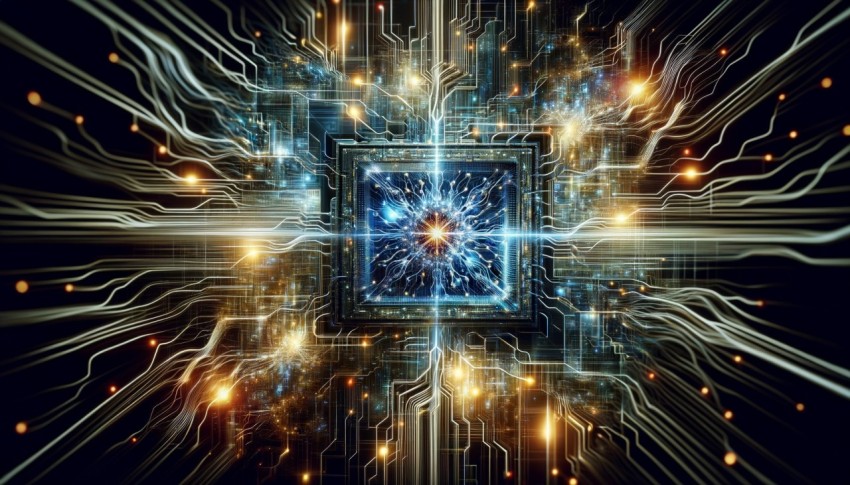 A detailed visual representation of a neural circuit board within a cyber brain system and quantum computing