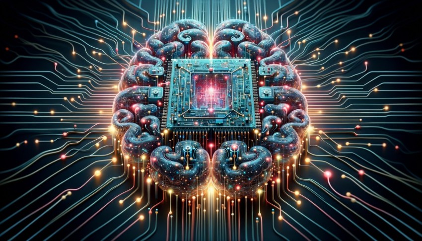 A detailed visual representation of a neural circuit board within a cyber brain system and quantum computing