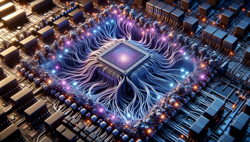 A detailed visual representation of a neural circuit board within a cyber brain system and quantum computing.