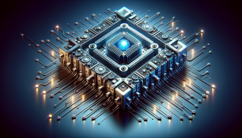 A detailed visual representation of a neural circuit board within a cyber brain system and quantum computing.