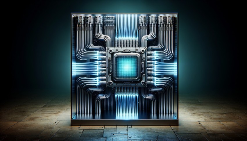 A detailed visual representation of a neural circuit board within a cyber brain system and quantum computing.