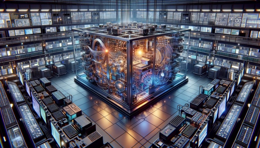 Quantum computer generating complex solutions in a modern tech lab with generative AI.