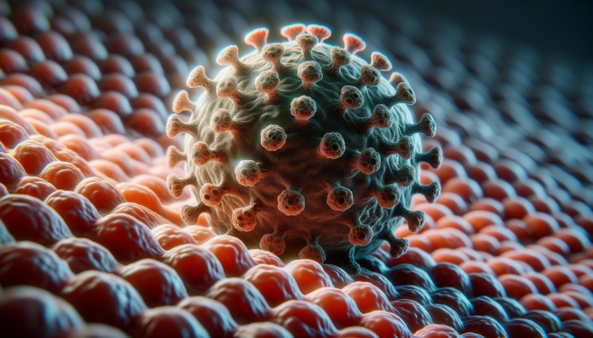 Detailed macro photography of HPV virus interaction with skin cells at the infection stage and structure.