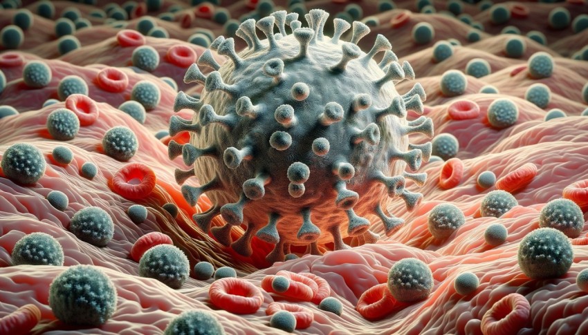 Detailed macro photography of HPV virus interaction with skin cells at the infection stage and structure.