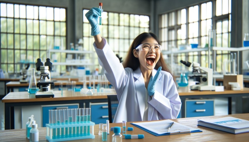 An excited Asian female researcher discovers a drug to treat virus infections in the laboratory.