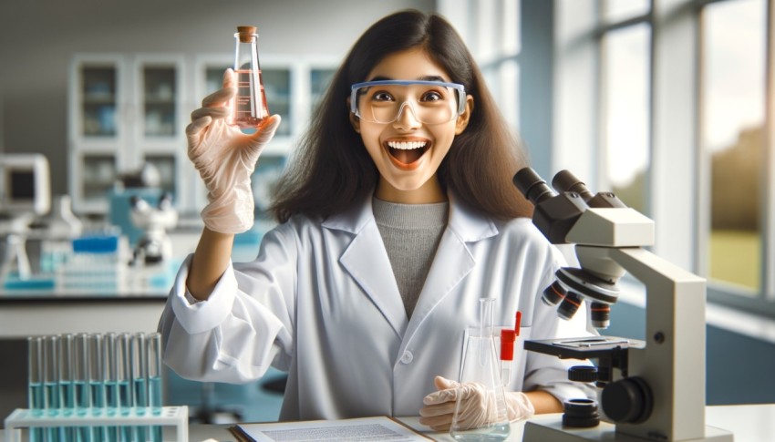 An excited Asian female researcher discovers a drug to treat virus infections in the laboratory.