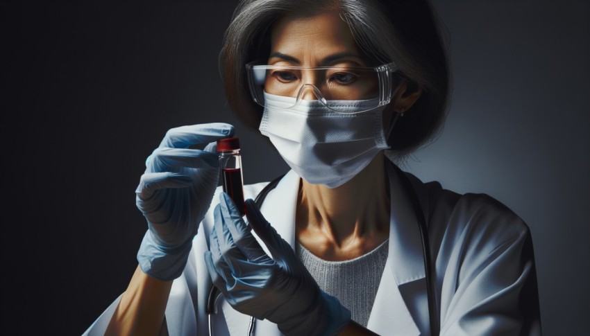 female doctor in protective mask, eyewear, and gloves holding a glass bottle with a blood sample for testing in the laboratory.