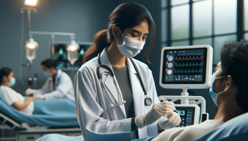 female doctor in protective mask, eyewear, and gloves holding a glass bottle with a blood sample for testing in the laboratory.