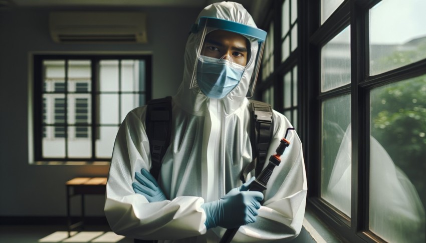 Worker in biohazard suit sanitizing, fumigating, and disinfecting house surfaces for epidemic and pest control.