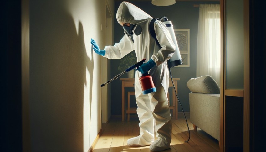 Worker in biohazard suit sanitizing, fumigating, and disinfecting house surfaces for epidemic and pest control.