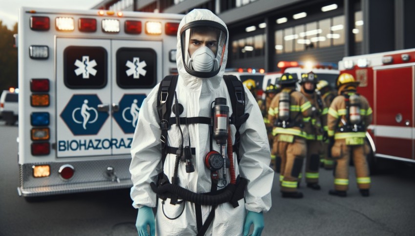 Worker in biohazard suit sanitizing, fumigating, and disinfecting house surfaces for epidemic and pest control.