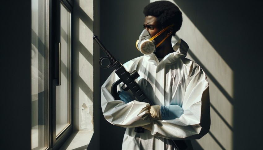 Worker in biohazard suit sanitizing, fumigating, and disinfecting house surfaces for epidemic and pest control.