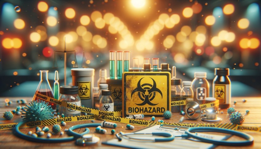 Warning tape, biohazard, infection barrier, bokeh background, science, caution, biology, medical crisis, safety, protection, toxic.