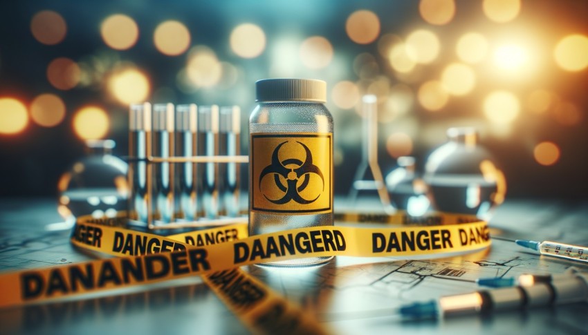 Warning tape, biohazard, infection barrier, bokeh background, science, caution, biology, medical crisis, safety, protection, toxic.