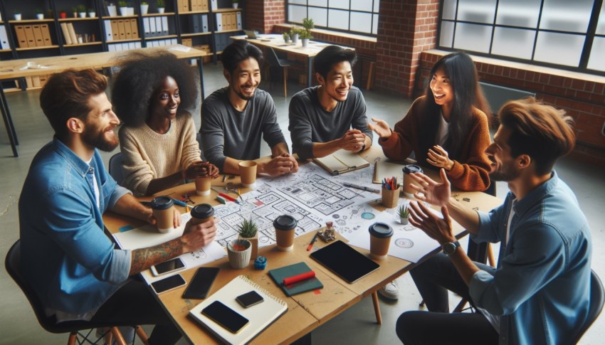 Entrepreneurs and company employees discussing and writing plans.