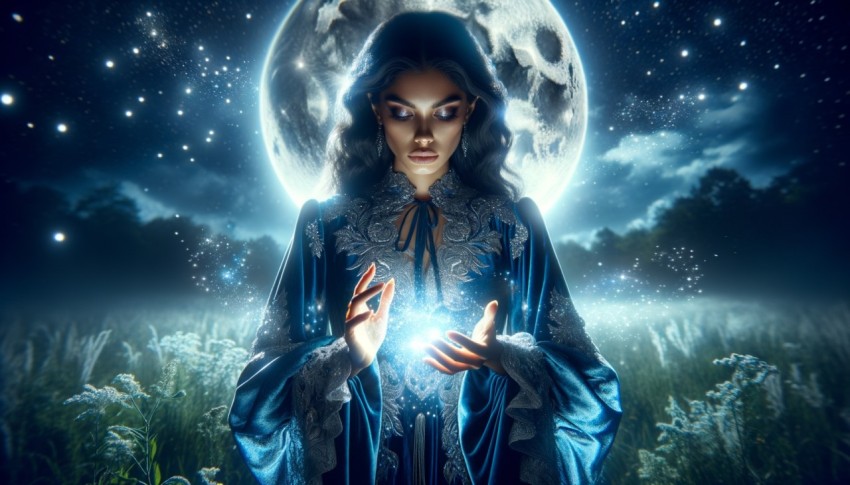 A sorceress in a mysterious, romantic atmosphere under the moonlight.