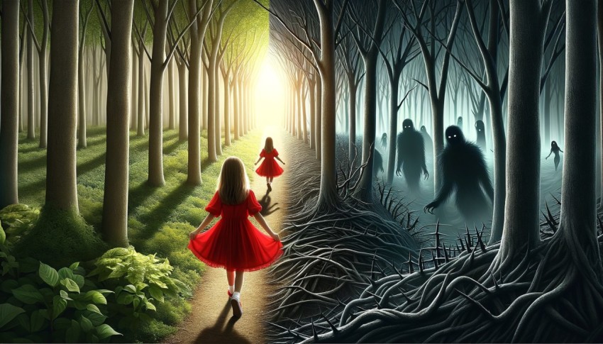 A girl in a red hood travels through the forest to visit her grandmother, but encounters a wolf.