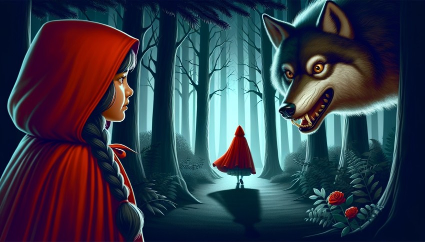 A girl in a red hood travels through the forest to visit her grandmother, but encounters a wolf.