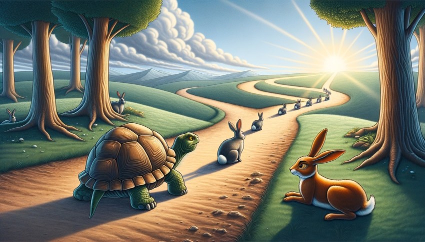 A race between a tortoise and a hare, where the hare stops to rest, and the tortoise wins.