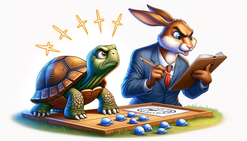 A race between a tortoise and a hare, where the hare stops to rest, and the tortoise wins.