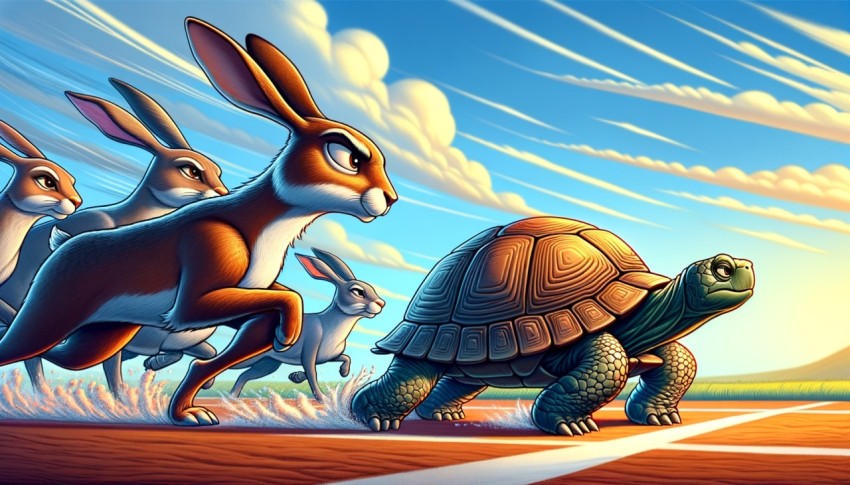 A race between a tortoise and a hare, where the hare stops to rest, and the tortoise wins.