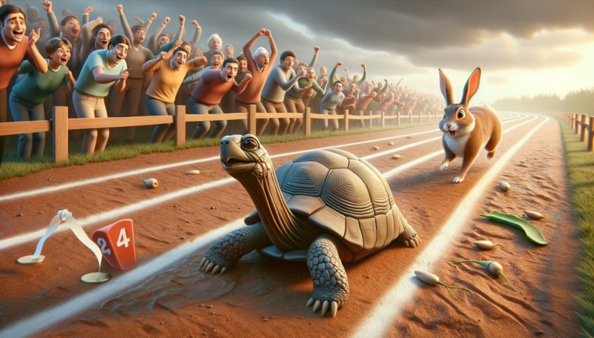 A race between a tortoise and a hare, where the hare stops to rest, and the tortoise wins.