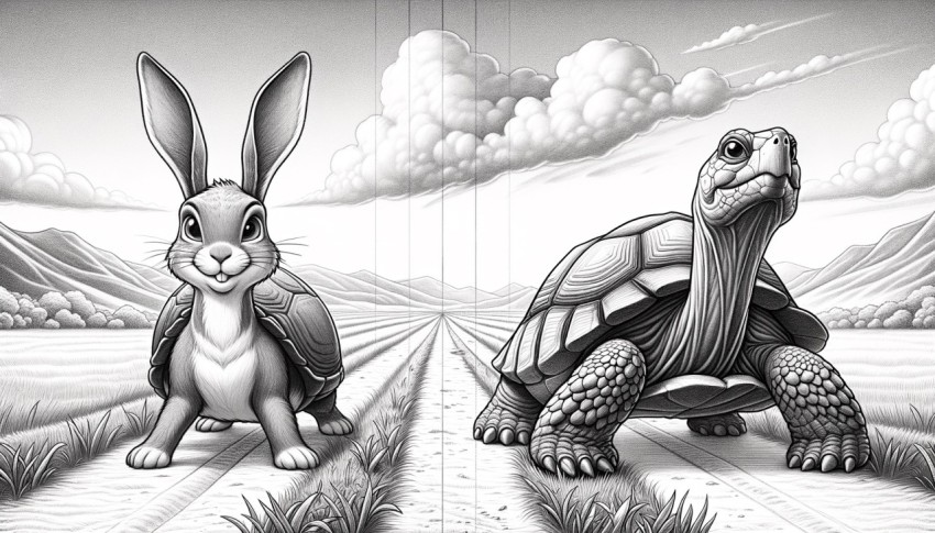 A race between a tortoise and a hare, where the hare stops to rest, and the tortoise wins.