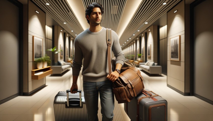 A man is carrying his luggage through the hallway just before his journey.