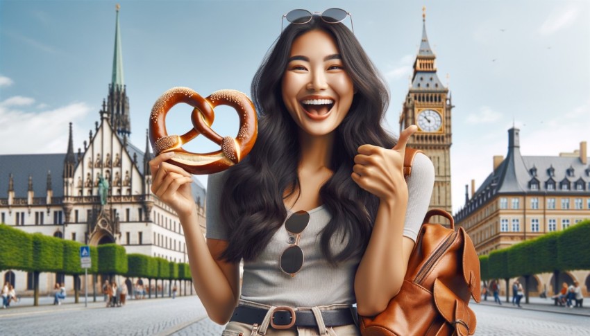 A joyful Asian tourist enjoying a delicious pretzel while exploring Europe, combining the pleasures of travel and local cuisine.