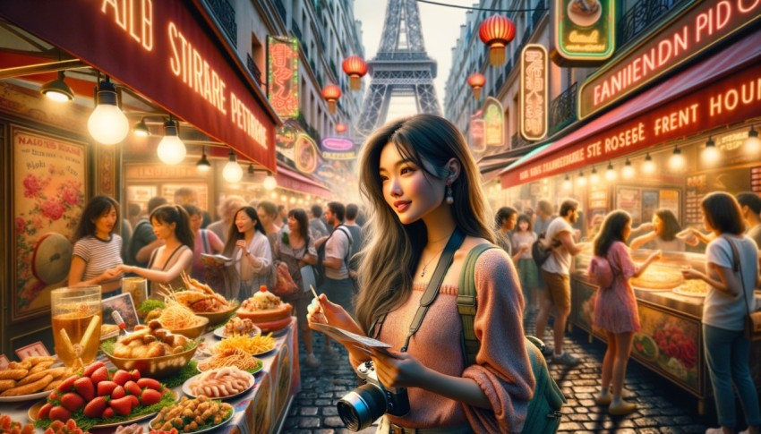 A joyful Asian tourist enjoying a delicious pretzel while exploring Europe, combining the pleasures of travel and local cuisine.