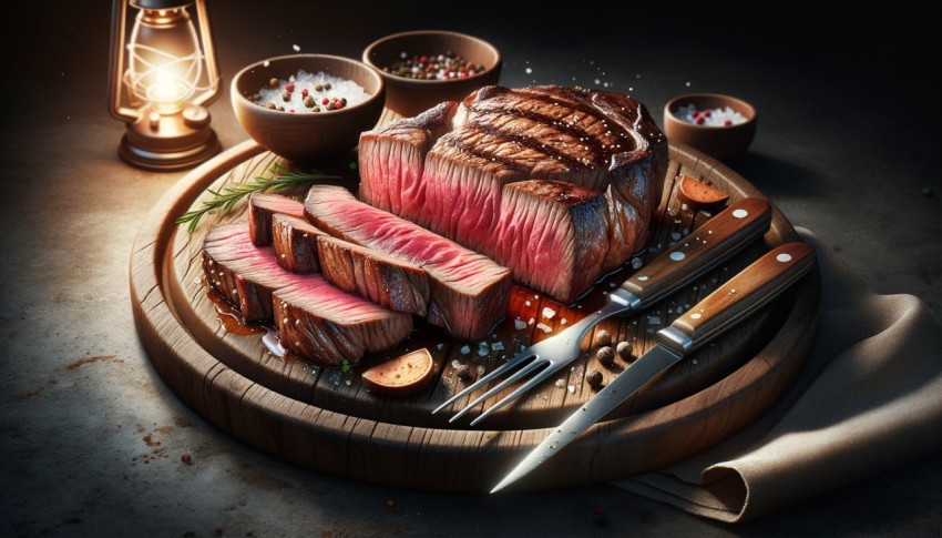 The grilled steak is perfectly cooked. It is a favorite dish of many people.