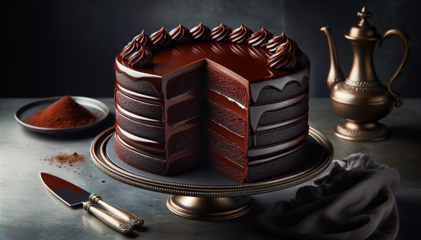 The chocolate cake is served with chocolate sauce to make it even more delicious.