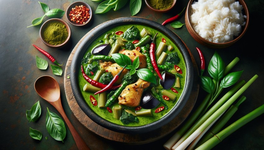 Green curry is a Thai dish that has a sweet and spicy flavor, often made with various meats.