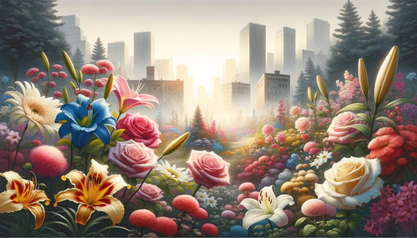 A wallpaper that combines city and nature images adds balance and serenity to urban spaces.