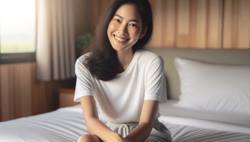 A photograph of a Thai woman wearing a white t-shirt and grey shorts.