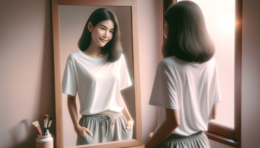 A photograph of a Thai woman wearing a white t-shirt and grey shorts.