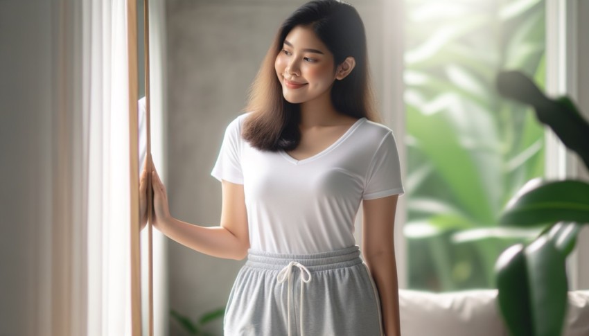 A photograph of a Thai woman wearing a white t-shirt and grey shorts.