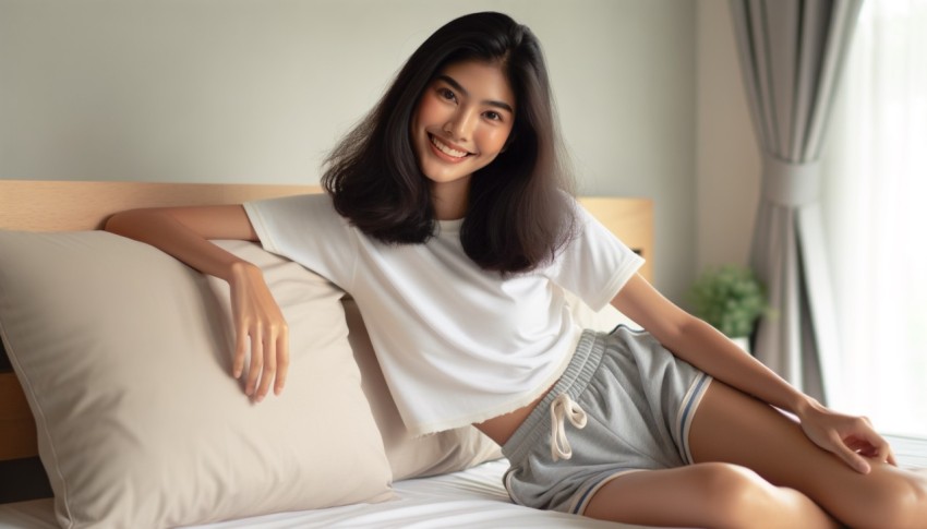 A photograph of a Thai woman wearing a white t-shirt and grey shorts.