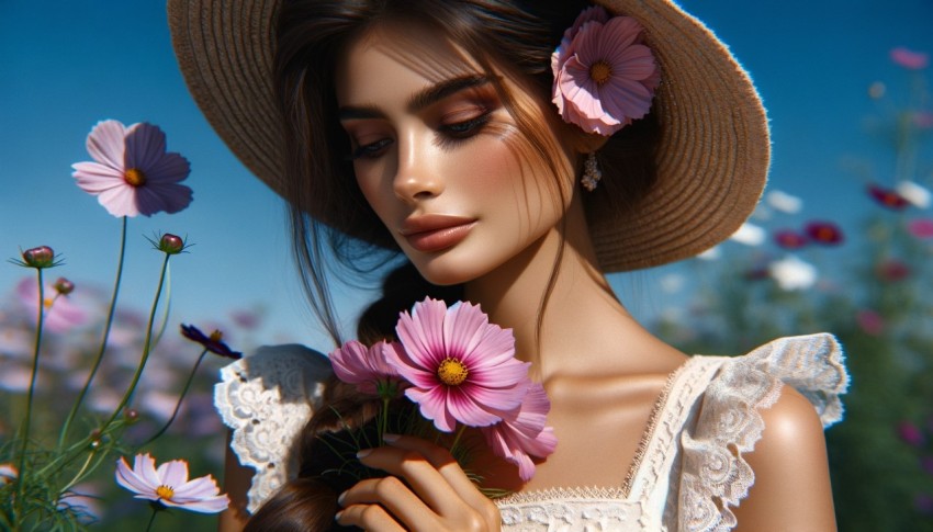 photo of a model and a flower together.