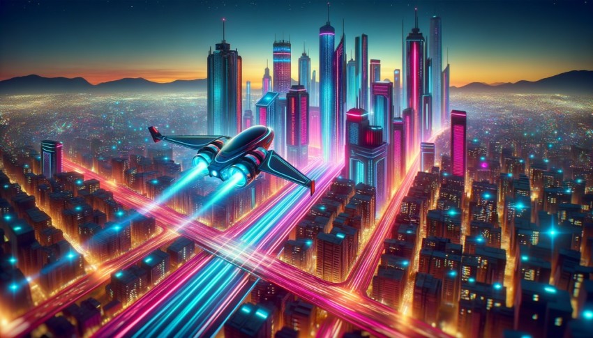 A high-tech sports car races through the streets at night, casting a twinkling neon light over the sleepless city.