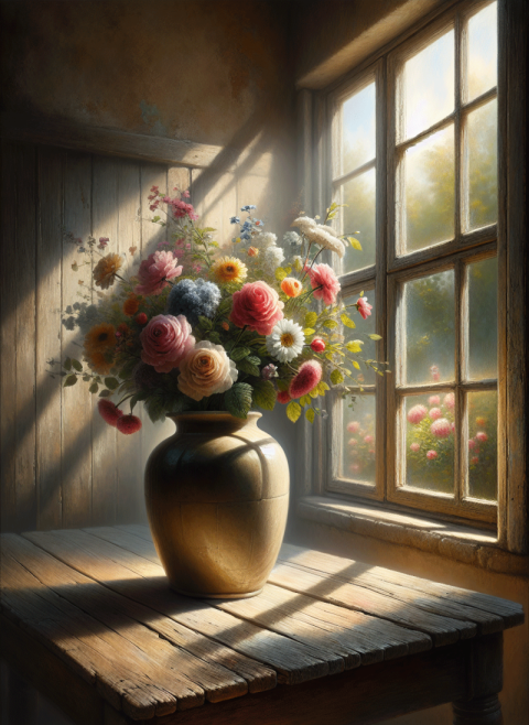 Painting of a flower vase on a kitchen table with a window in the backdrop