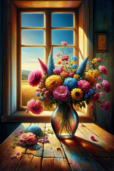 Painting of a flower vase on a kitchen table with a window in the backdrop.