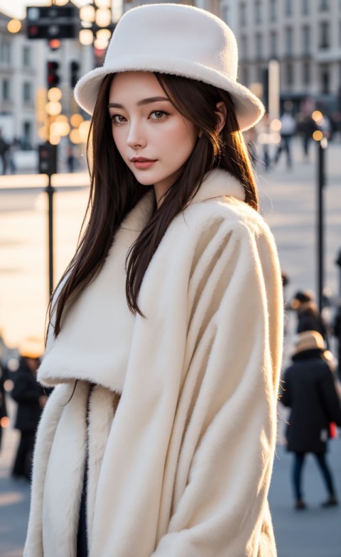 Outdoor fashion portrait of young elegant fashionable woman, model wearing stylish white hat