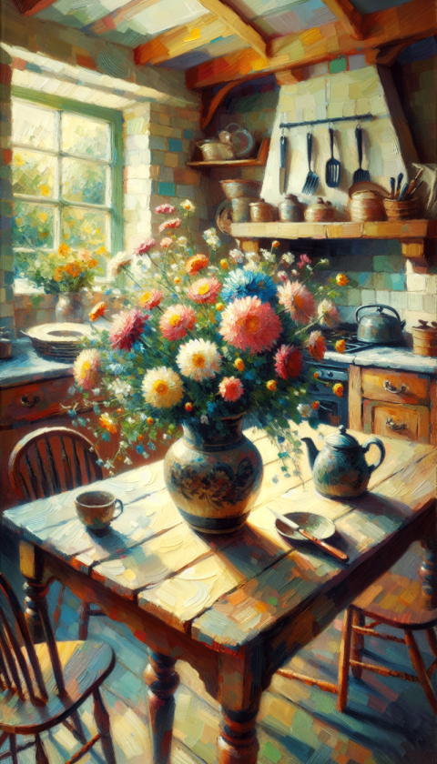 Painting of a flower vase on a kitchen table with a window in the backdrop.