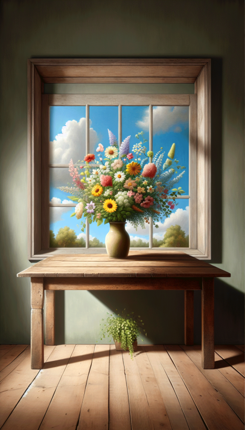 Painting of a flower vase on a kitchen table with a window in the backdrop.