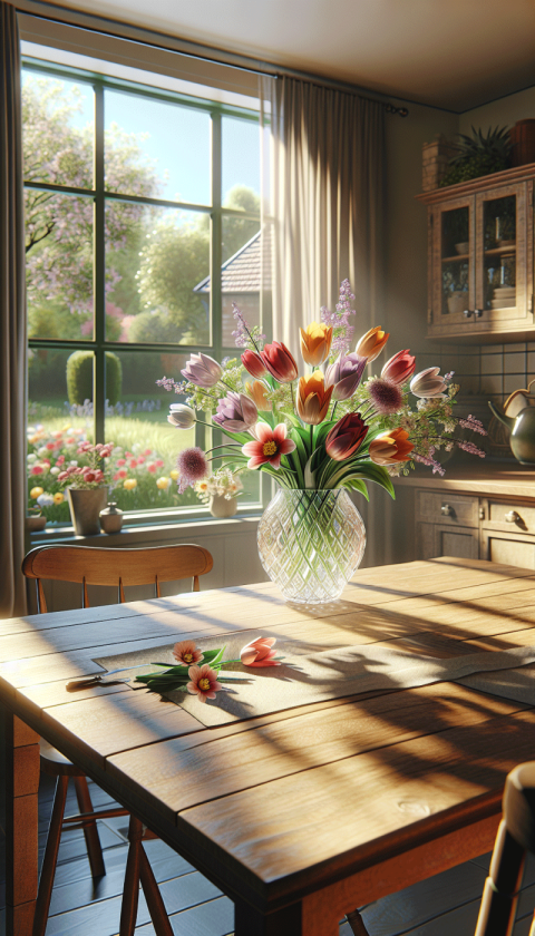 Painting of a flower vase on a kitchen table with a window in the backdrop.